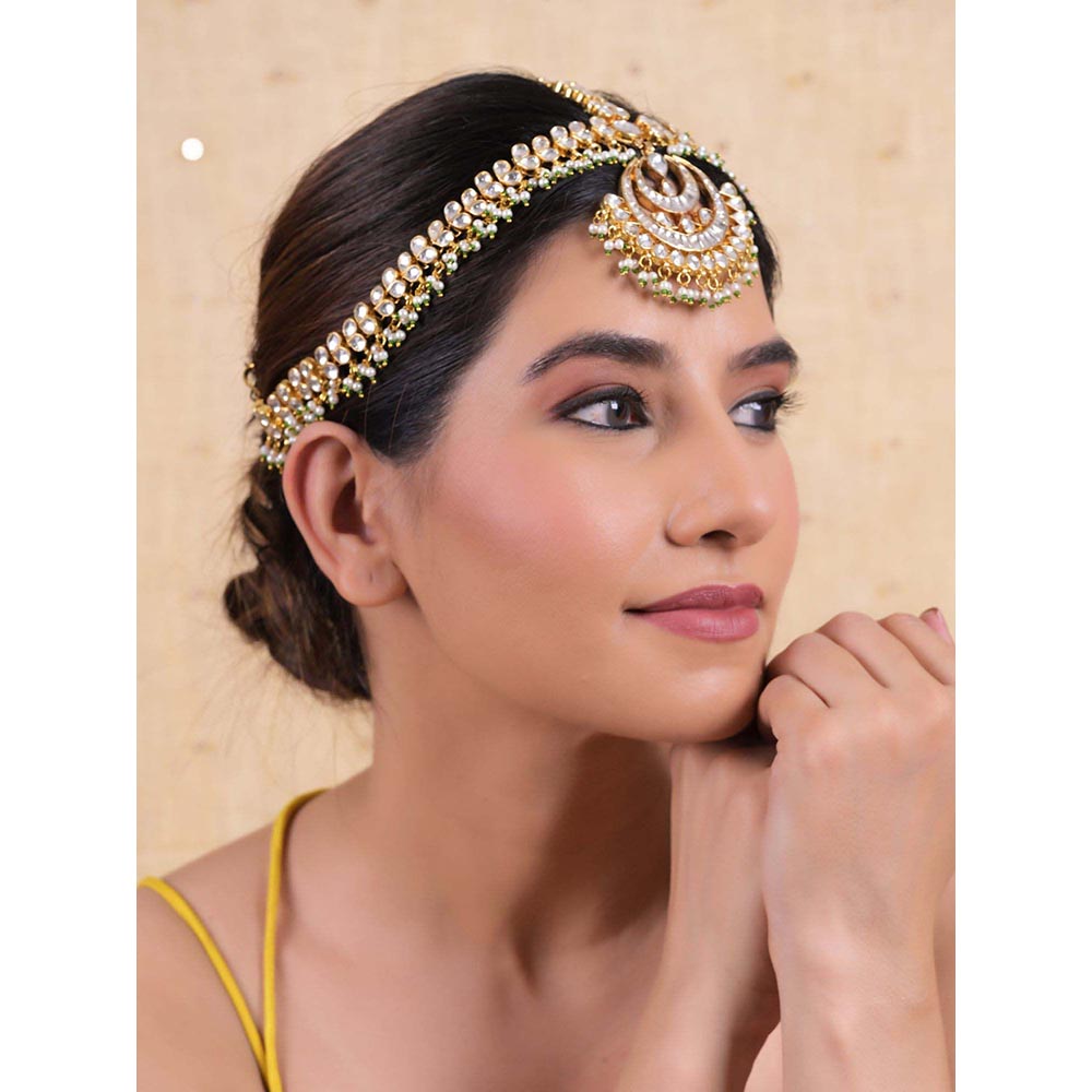 Shlok Jewels Women White 18K Gold Plated Jadau Kundan Mathapatti