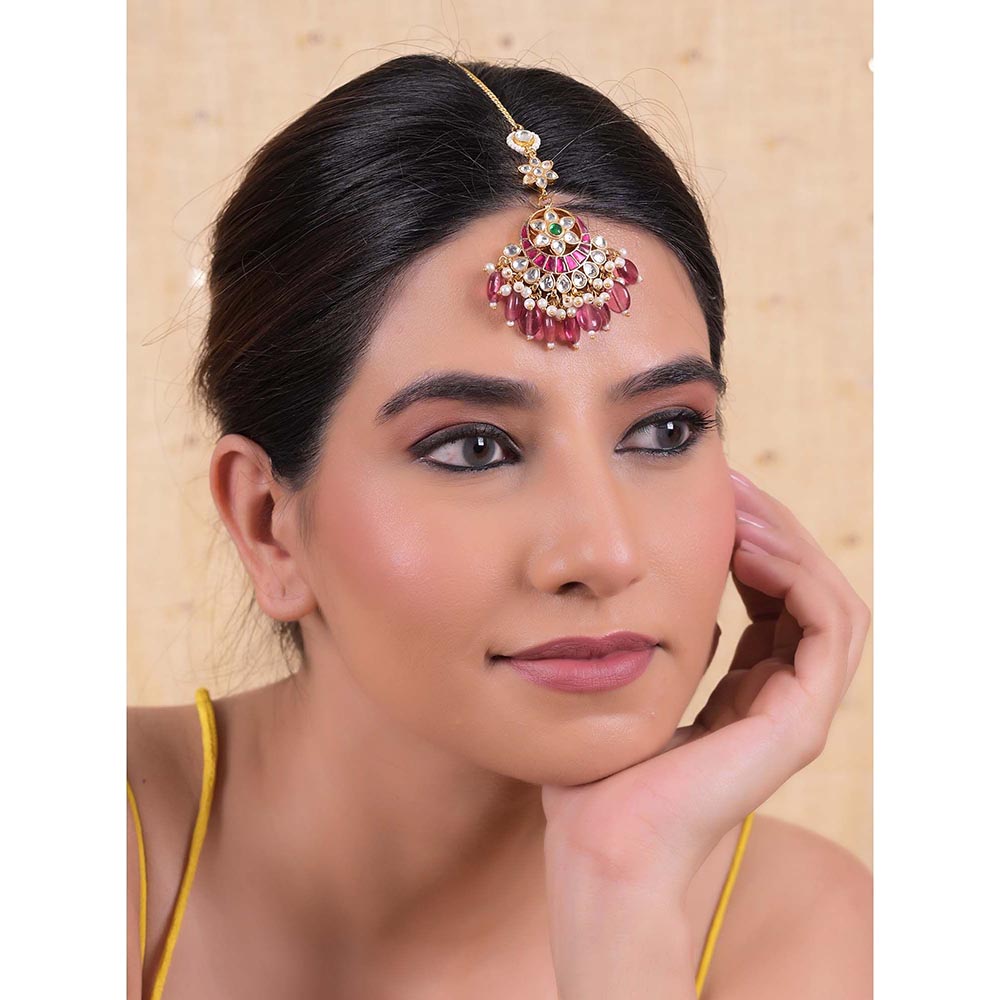 Shlok Jewels Women Multi-Color 18K Gold Plated Jadau Kundan Maangtikka