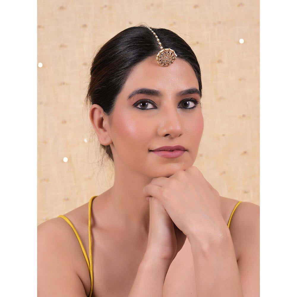 Shlok Jewels Women White 18K Gold Plated Jadau Kundan Borla Maangtikka