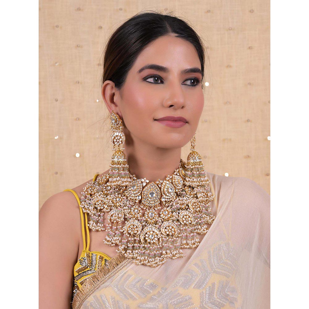 Shlok Jewels Women White 18K Gold Plated Jadau Kundan Jewellery Set