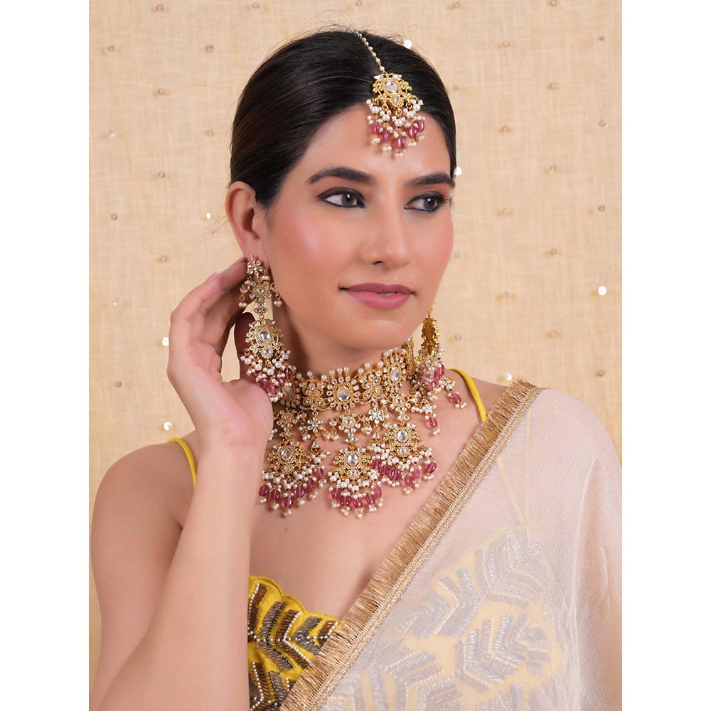 Shlok Jewels Women Pink 18K Gold Plated Jadau Kundan Jewellery Set