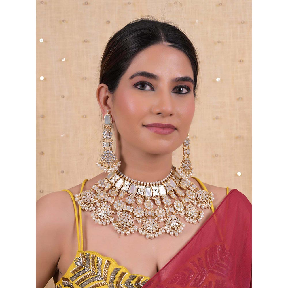 Shlok Jewels Women White 18K Gold Plated Pearl Necklace Set