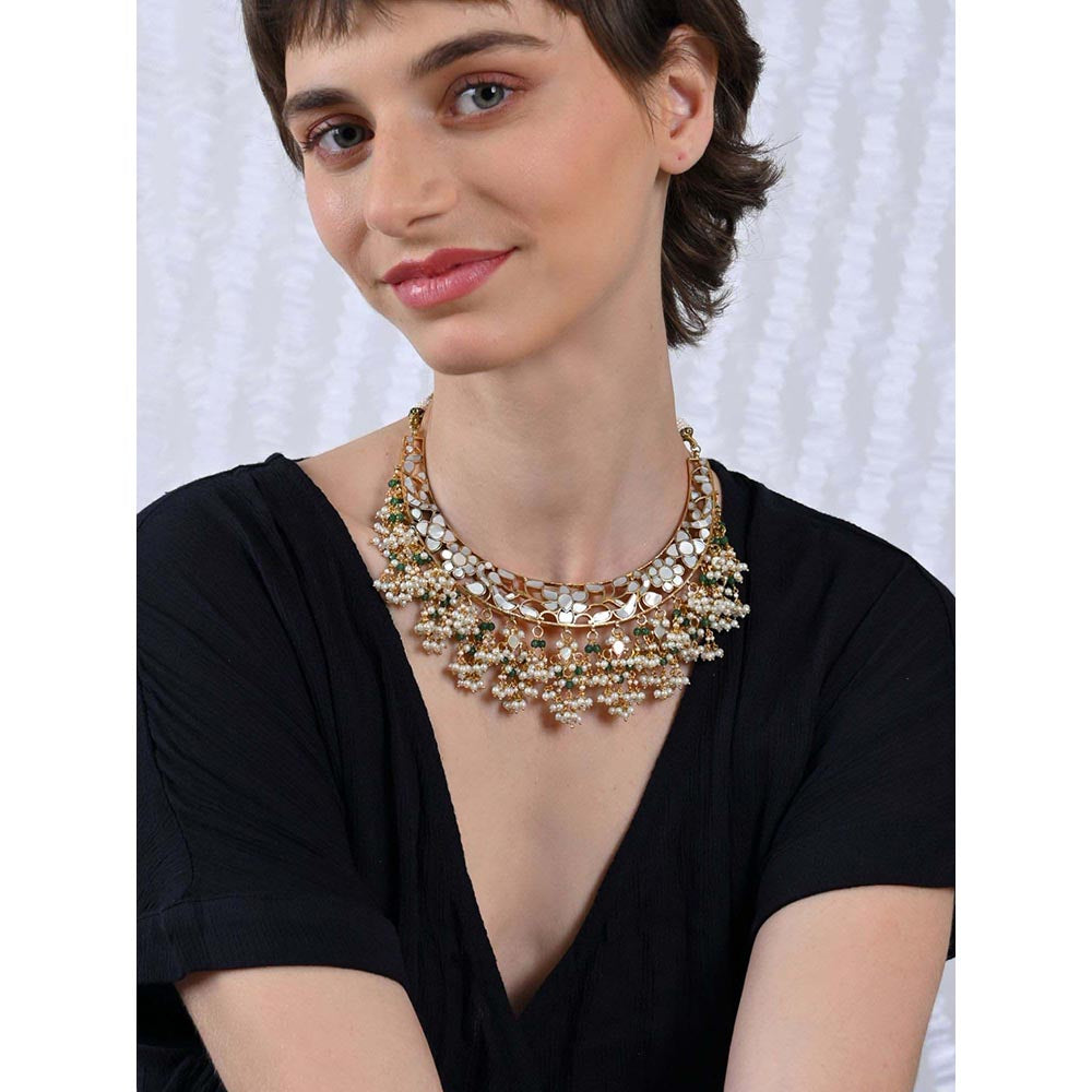 Shlok Jewels Women Green and White 18K Gold Plated Pearl Necklace Set