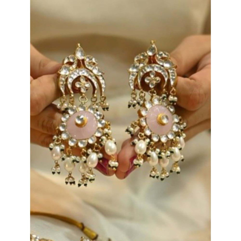 Shlok Jewels Women Pink 18K Gold Plated Pearl Jadau Kundan Necklace Set