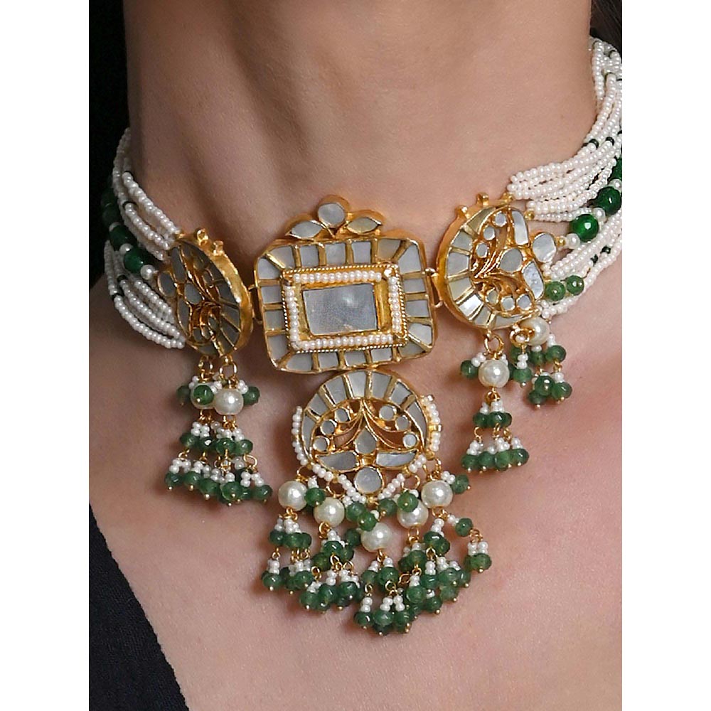 Shlok Jewels Women Green 18K Gold Plated Pearl Choker Set