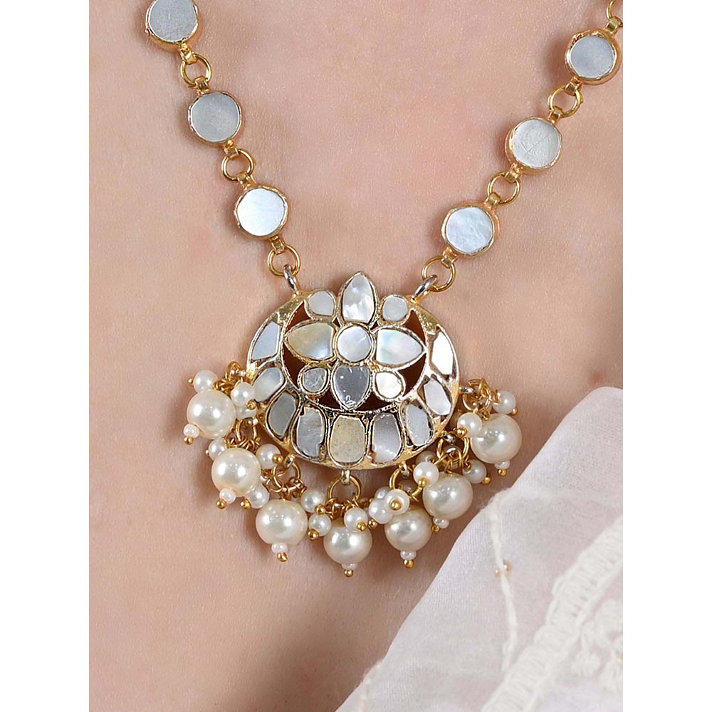 Shlok Jewels Women White 18K Gold Plated Pearl Necklace Set