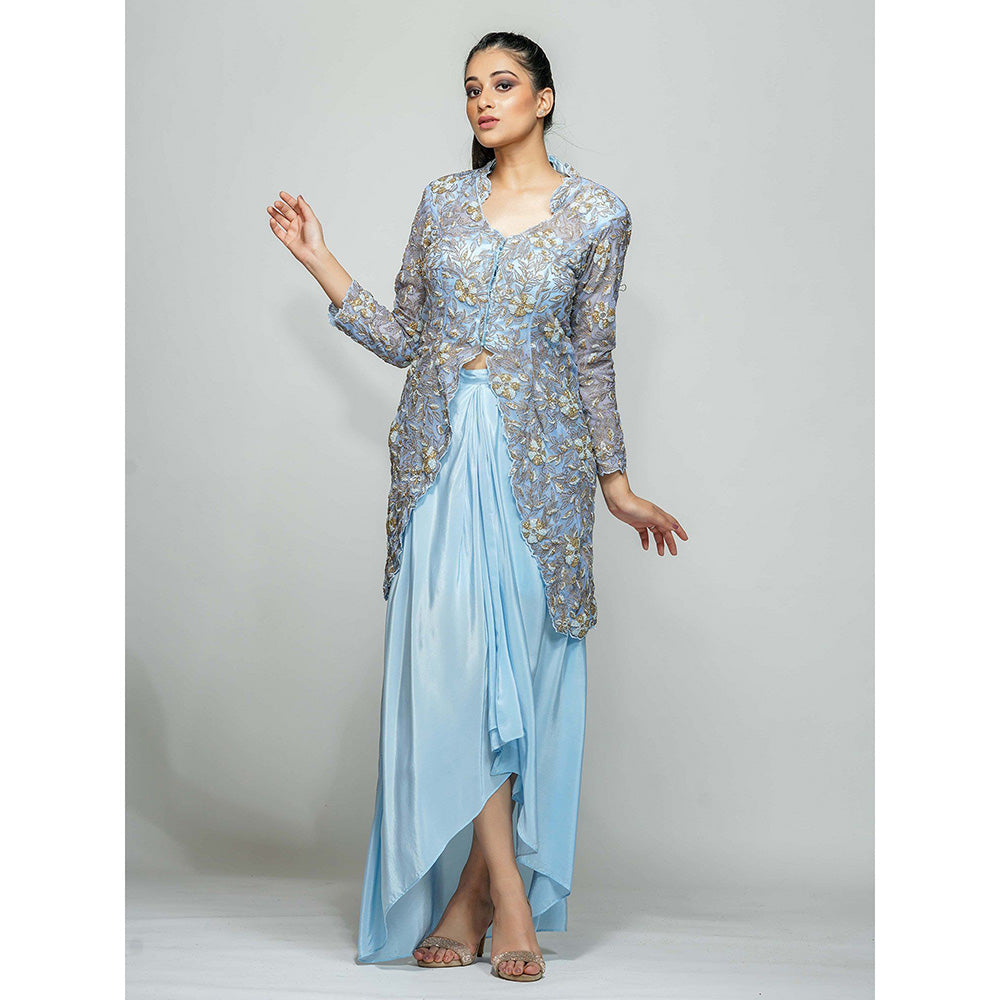 Shruti S Blue Sheer Power Shoulder Jacket With Dhoti Skirt (Set of  