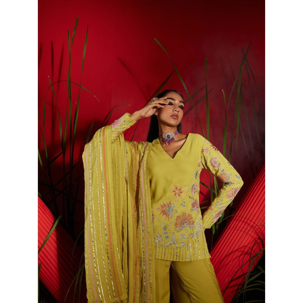 Shreeka Yellow Embroidered Kurta And Shaara Georgette (Set of 3)