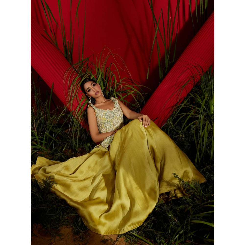 Shreeka Yellow Georgette And Satin Organza Embroidered Kurta & Skirt (Set of 3)