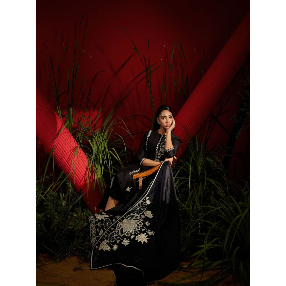 Shreeka Black Silk Chander Embroidered Suit (Set of 3)