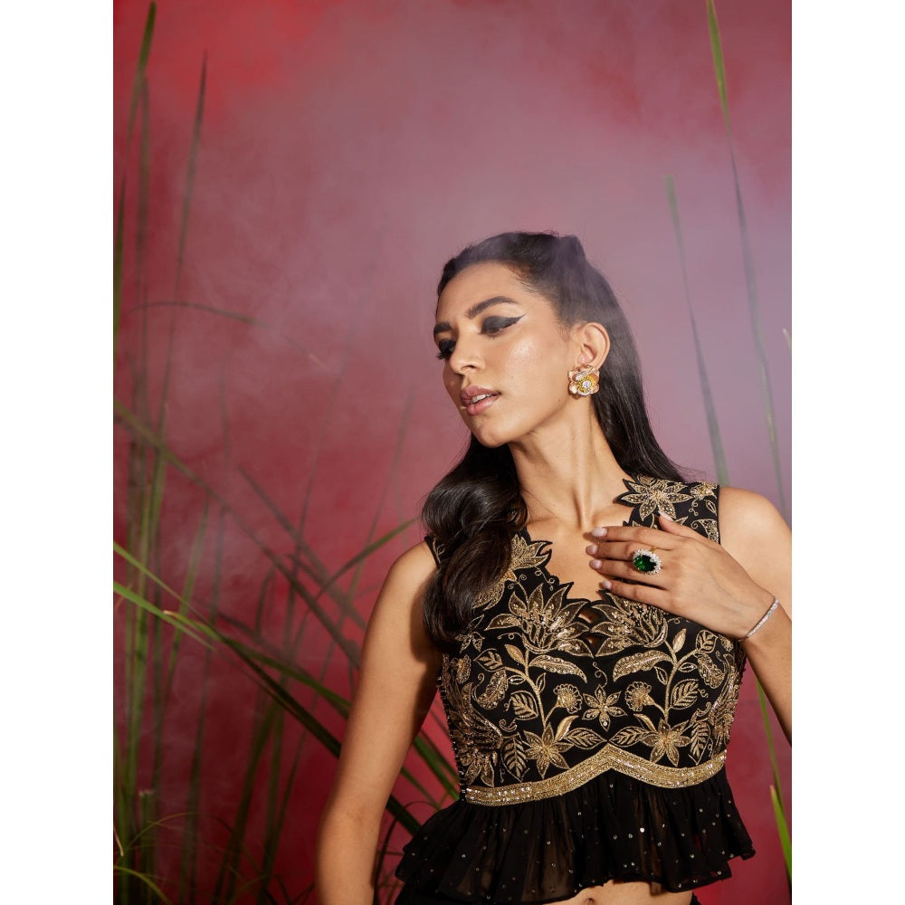 Shreeka Black & Gold Embroidered Georgette Ruffled Crop Top And Skirt (Set of 2)