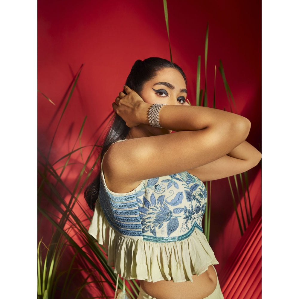 Shreeka Ombre Embroidered Georgette Ruffled Crop Top And Skirt (Set of 3)