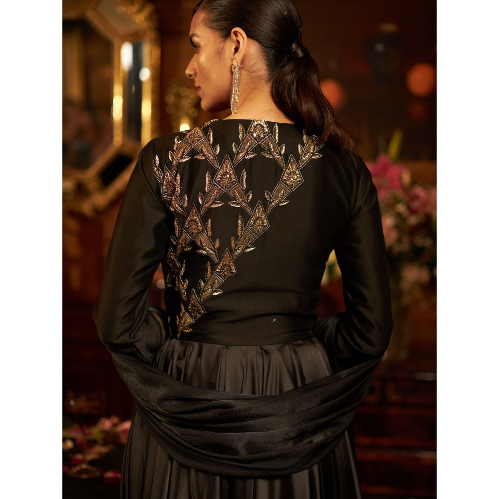 Shreeka Black Satin And Banarasi Silk Tissue Embroidered Anarkali (Set of 3)
