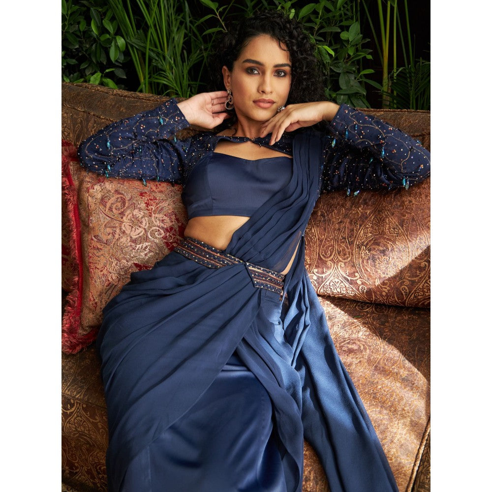 Shreeka Midnight Blue Satin And Georgette Embroidered Drape Saree with Stitched Blouse