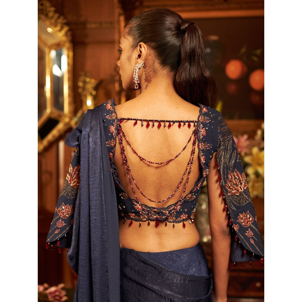 Shreeka Midnight Blue Satin And Georgette Embroidered Drape Saree with Stitched Blouse