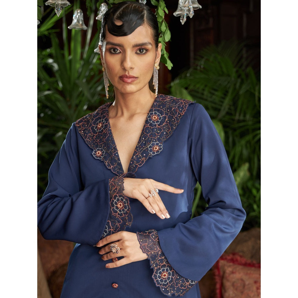 Shreeka Midnight Blue Satin Twill Embroidered Blazer (Set of 2)