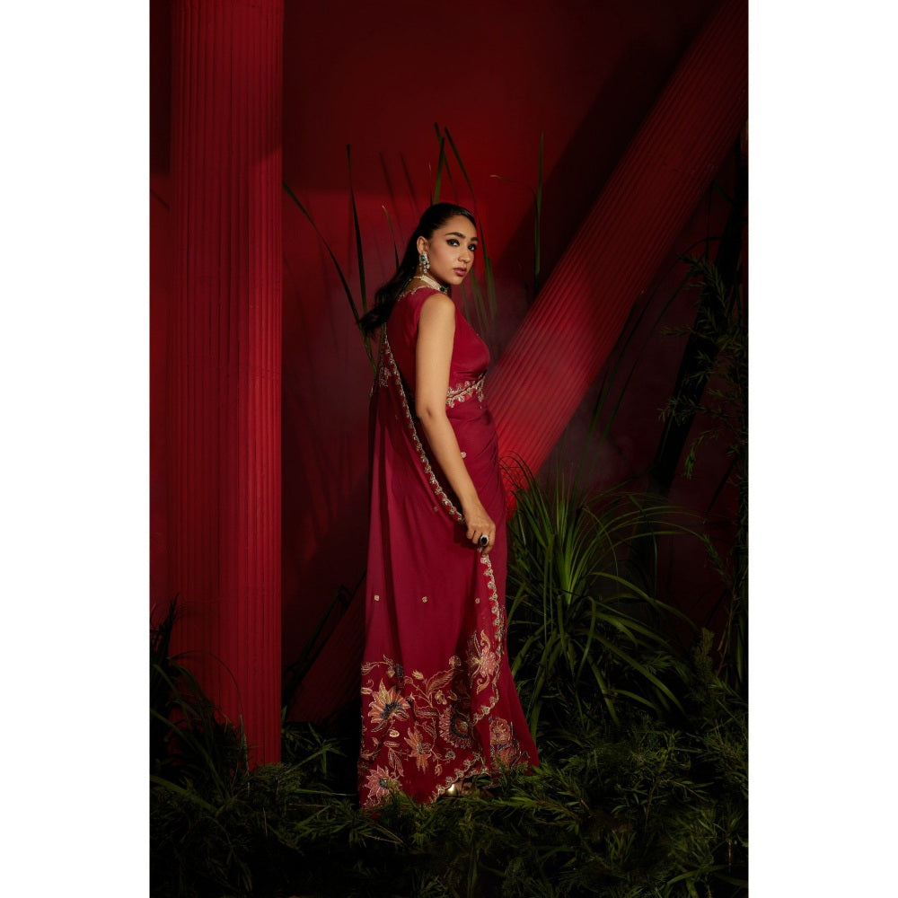 Shreeka Deep Red Crepe Silk Hand Embroidered Saree with Stitched Blouse