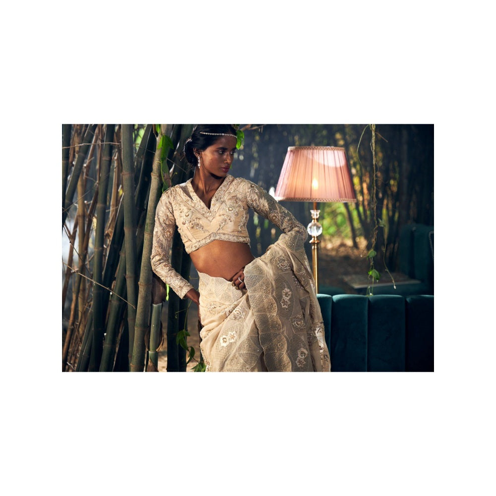 Shreeka Beige Embroidered Organza Saree with Stitched Blouse
