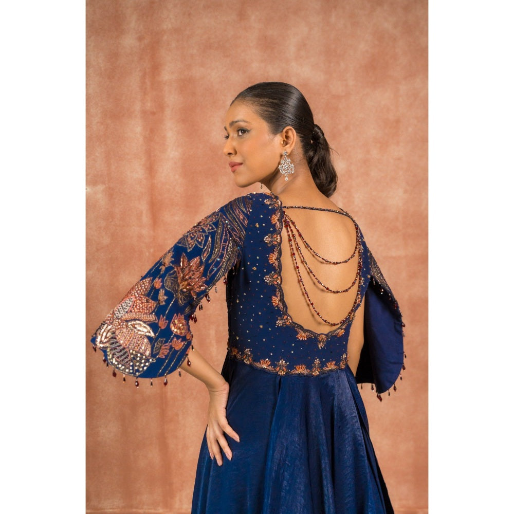 Shreeka Midnight Blue Satin Cape Sleeves Embellished Maxi Dress