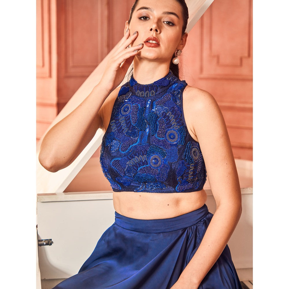 Shriya Dahlia Blue Halter Neck Crop Top with Satin Drape Skirt (Set of 2)