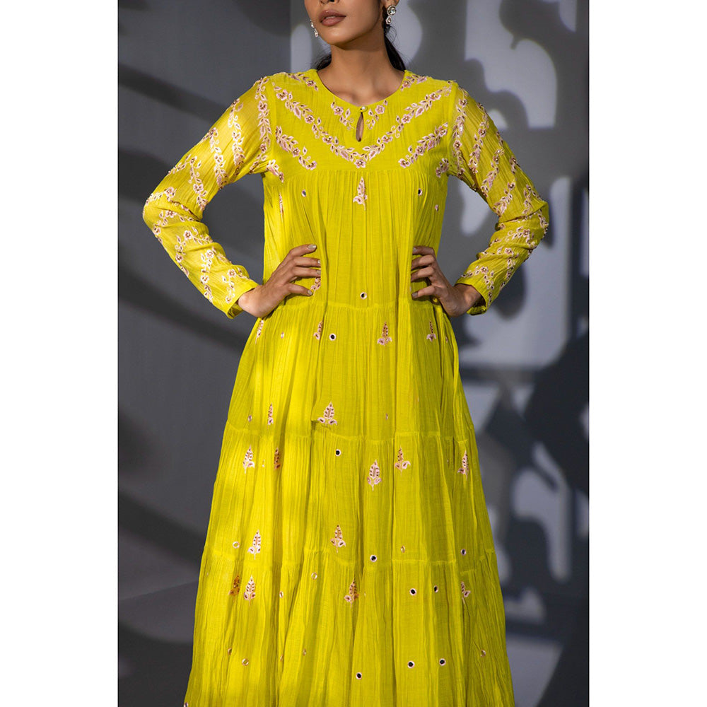 Shweta Dabas Neon Green Tiered Embroidered Anarkali with Pant and Dupatta (Set of 3)
