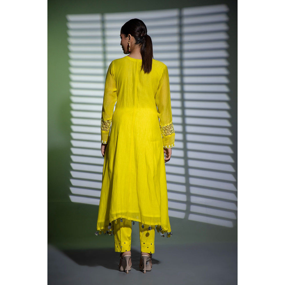 Shweta Dabas Yellow Embroidered A-Line Angrakha Kurta with Pant and Dupatta (Set of 3)