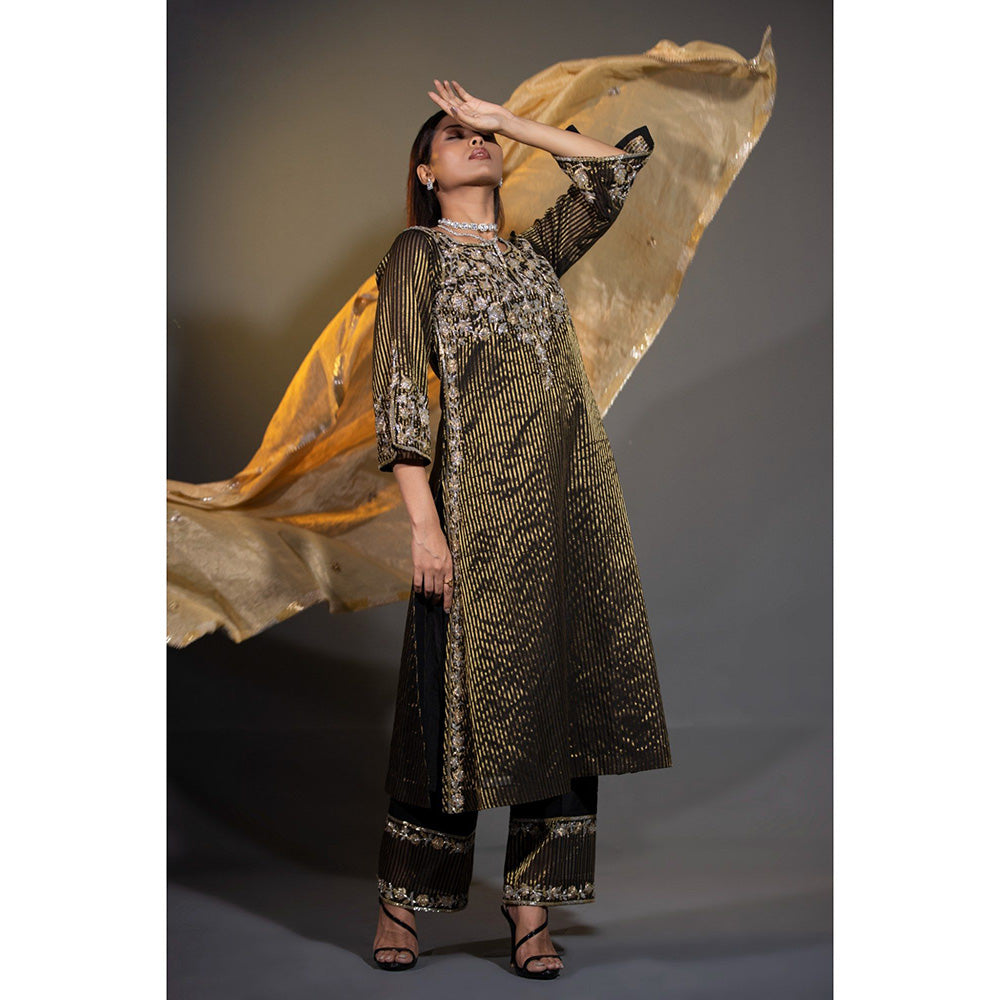 Shweta Dabas Black Pure Tissue Stripes Kurta with Pant and Dupatta (Set of 3)