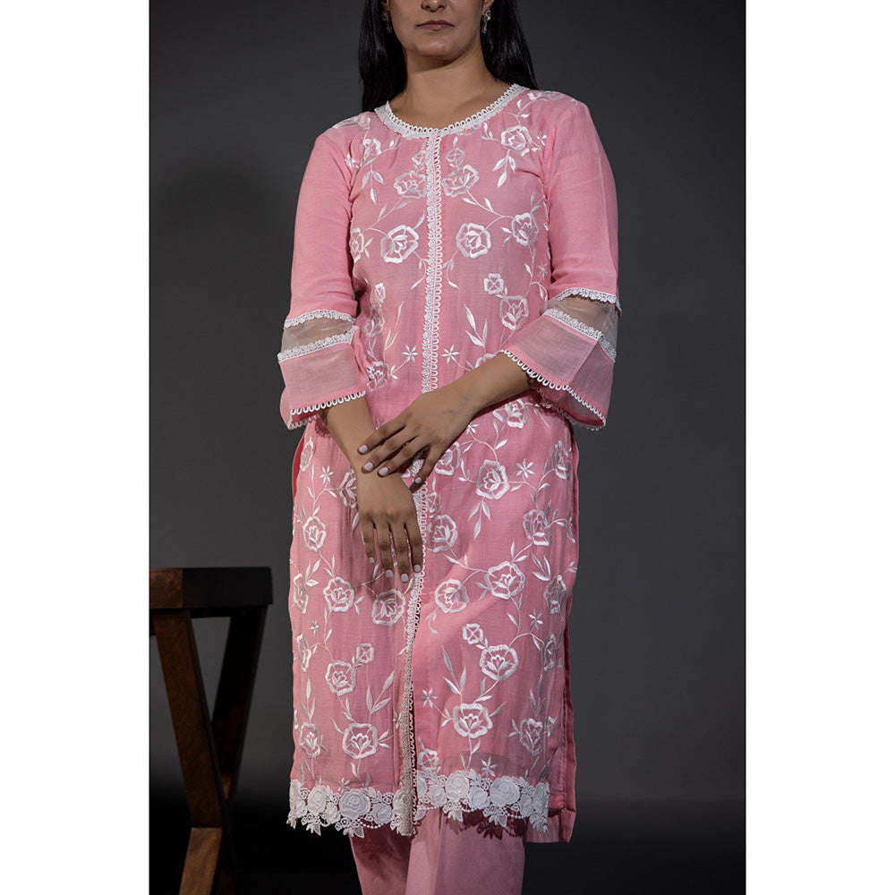 Shweta Dabas Pink Rose Laces Pure Chanderi Kurta with Pant and Dupatta (Set of 3)