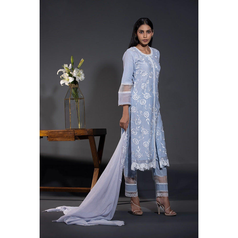 Shweta Dabas Blue Rose Laces Pure Chanderi Kurta with Pant and Dupatta (Set of 3)