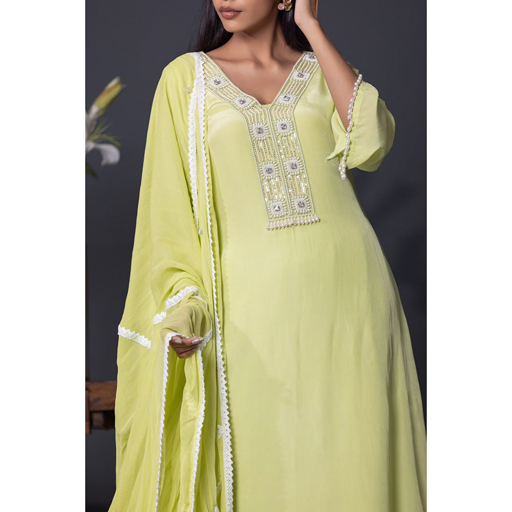 Shweta Dabas Apple Green Embroidered Anarkali with Pant and Dupatta (Set of 3)