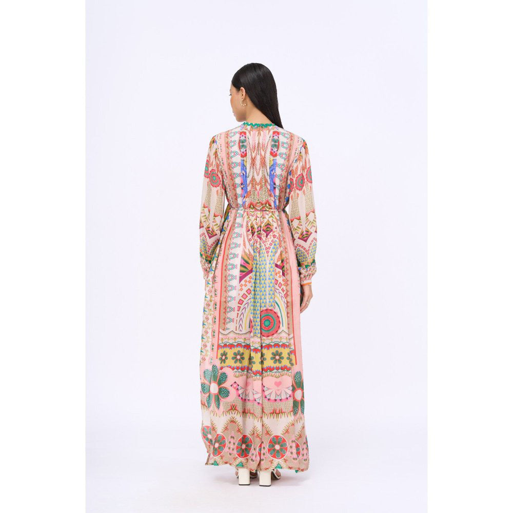 Siddhartha Bansal Beige Embroidered Dress with Belt (Set of 2)