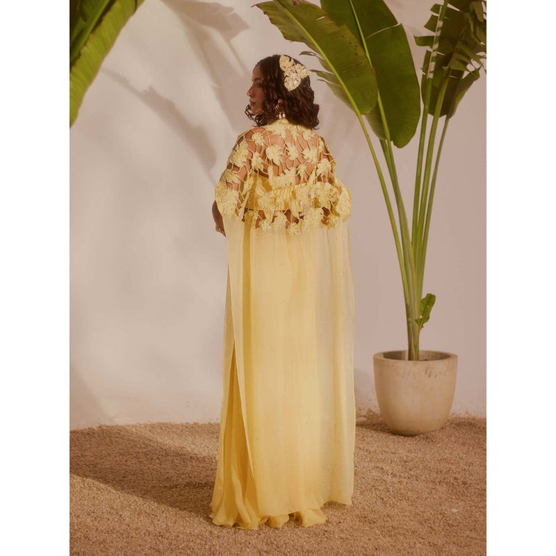 Silky Bindra Yellow Solana Cape with Bustier and Sharara (Set of 3)