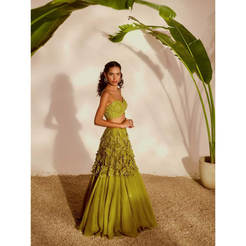 Silky Bindra Green Monstera Lehenga with Bustier and Dupatta (Set of 3)