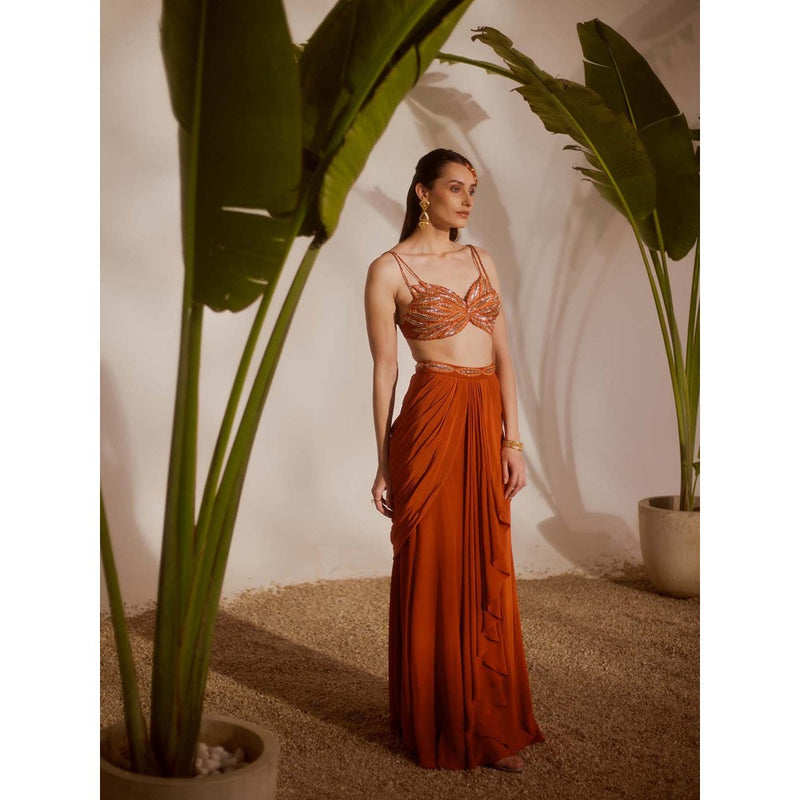 Silky Bindra Rust Koa Draped Skirt with Bustier (Set of 2)