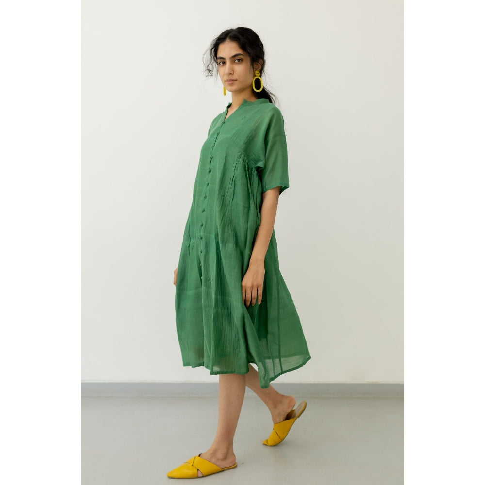 Silai Studio Bottle Green Chanderi Midi Dress with Slip (Set of 2)