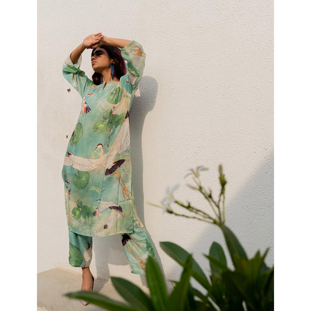 Silai Studio Oriental Cranes Frogs Kurta with Pant and Inner (Set of 3)