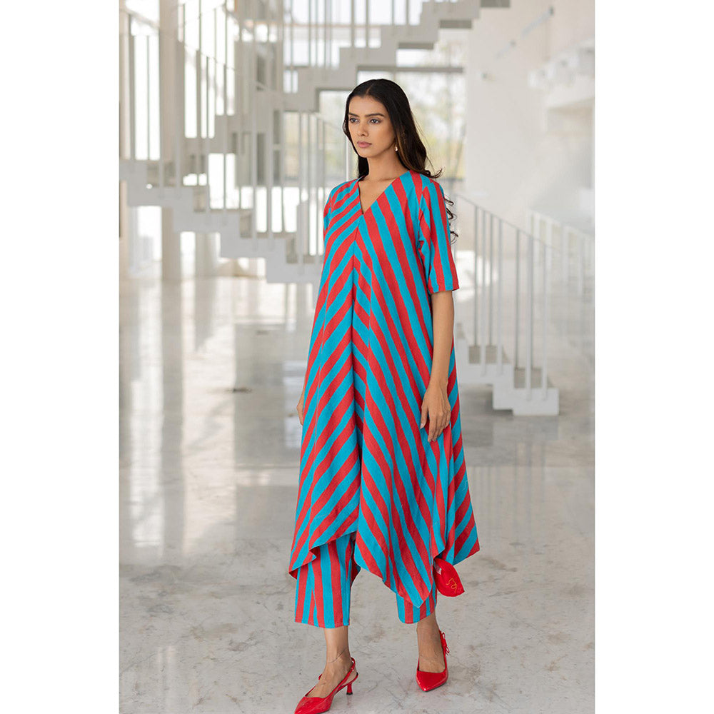 Silai Studio Poppy and Blue Stripe Kurta and Pant (Set of 2)