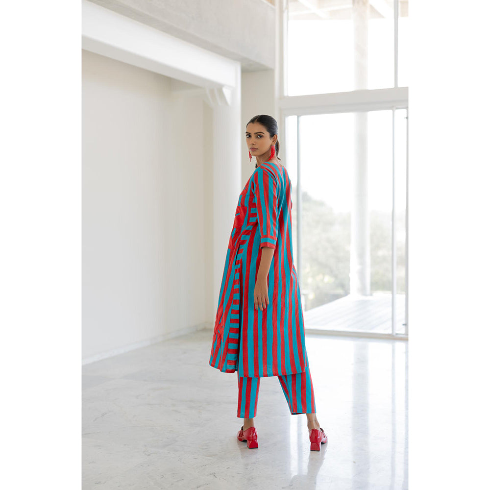 Silai Studio Sky Fire Striped Applique Kurta and Pant (Set of 2)