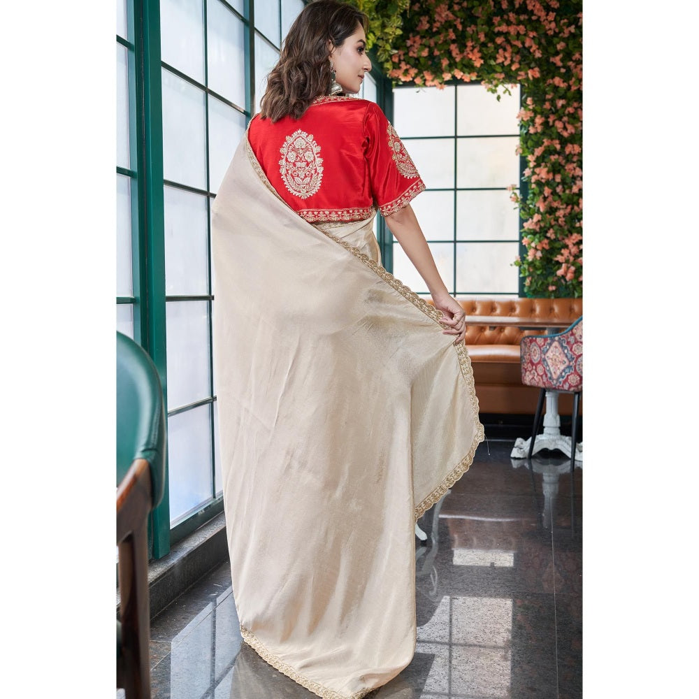 Simaaya Beige Timeless Weave Tissue Silk Saree with Unstitched Blouse