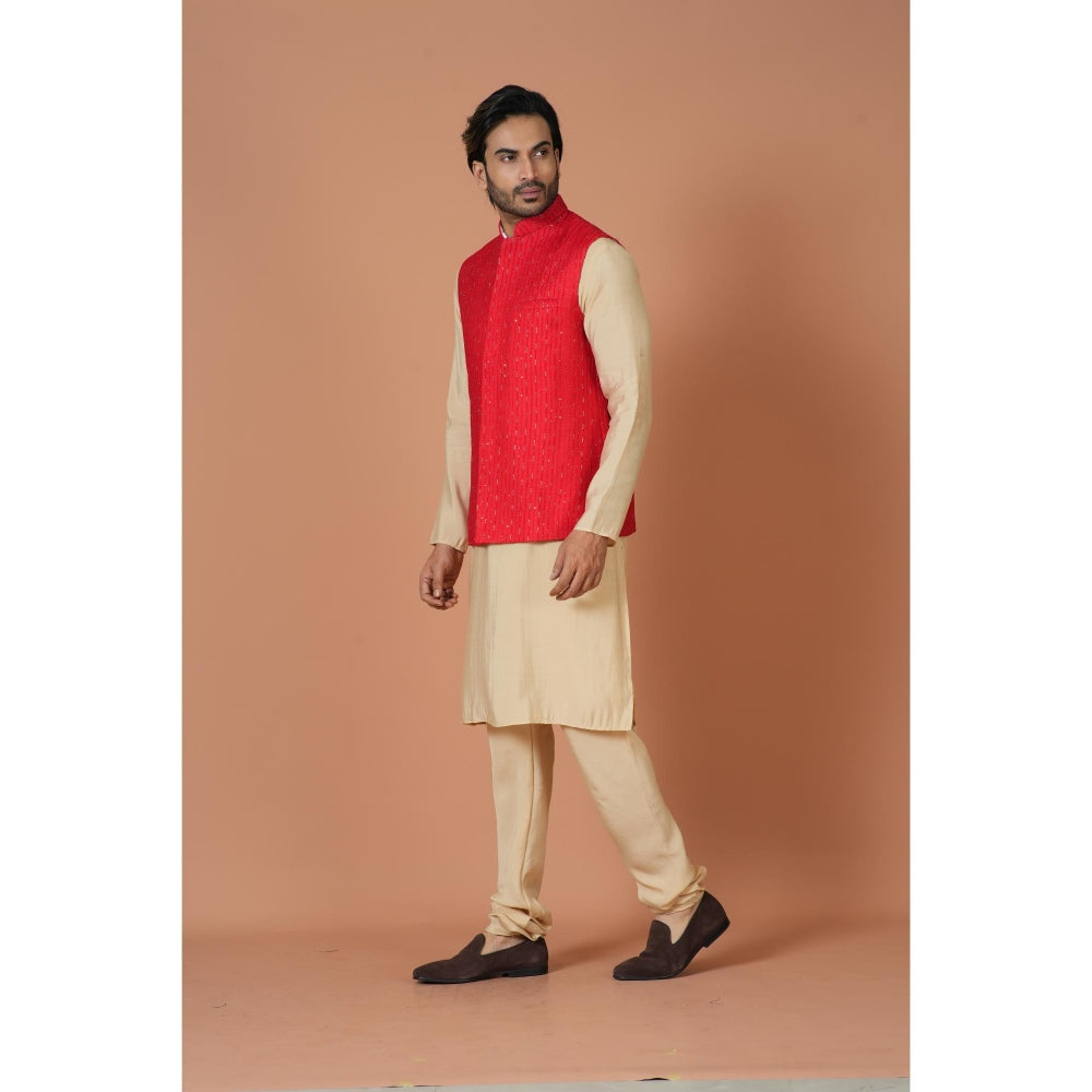 Simaaya Red Embellished/Sequined Premium Quality Silk Made Nehru Jacket for Men