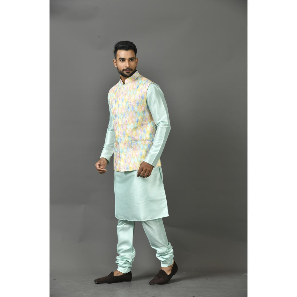 Simaaya Green Printed Premium Quality Silk Made Nehru Jacket for Men