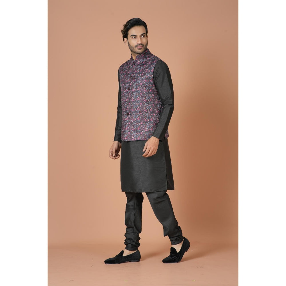 Simaaya Black Floral Premium Quality Linen Made Nehru Jacket for Men