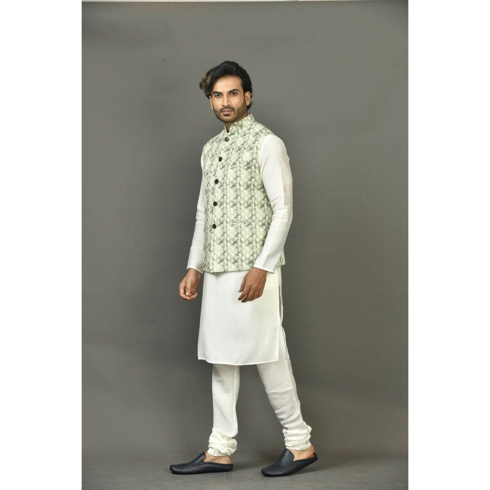 Simaaya Green Printed Premium Quality Linen Made Nehru Jacket for Men