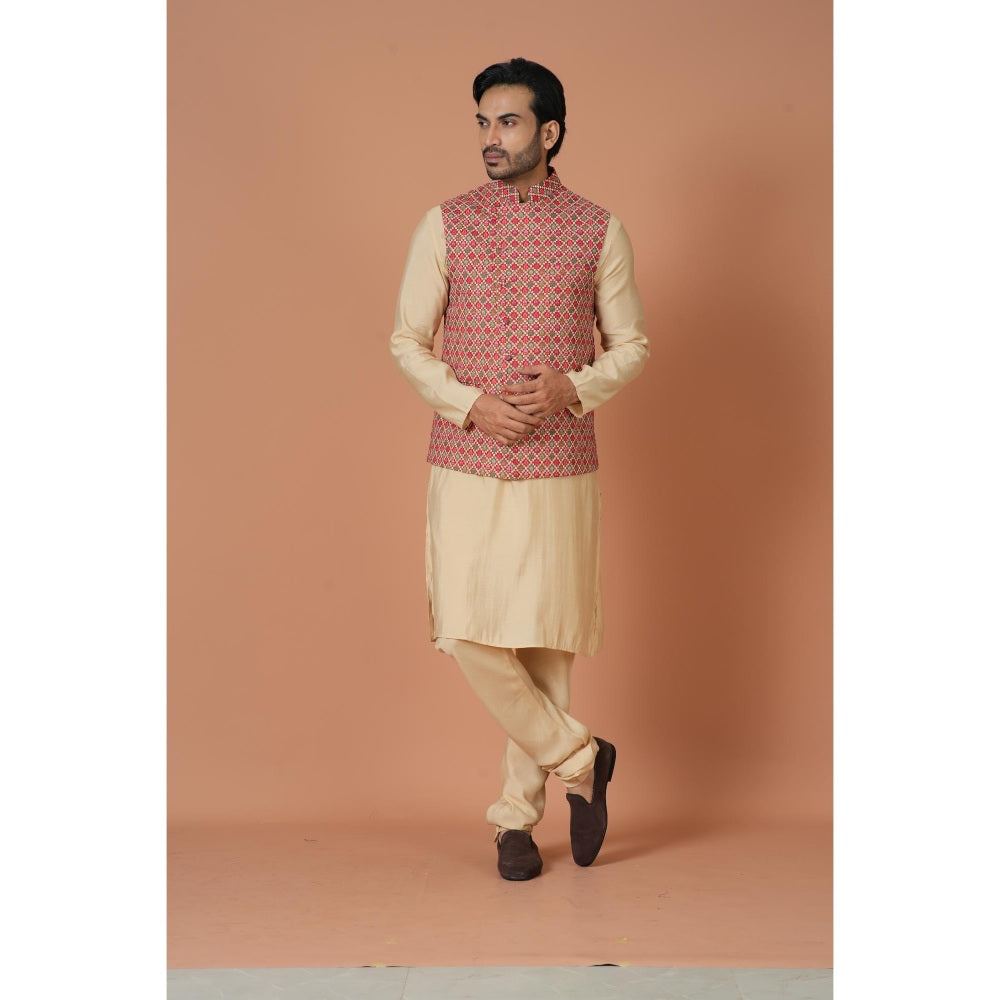 Simaaya Premium Quality Cotton Silk Made Nehru Jackets for Men- Red