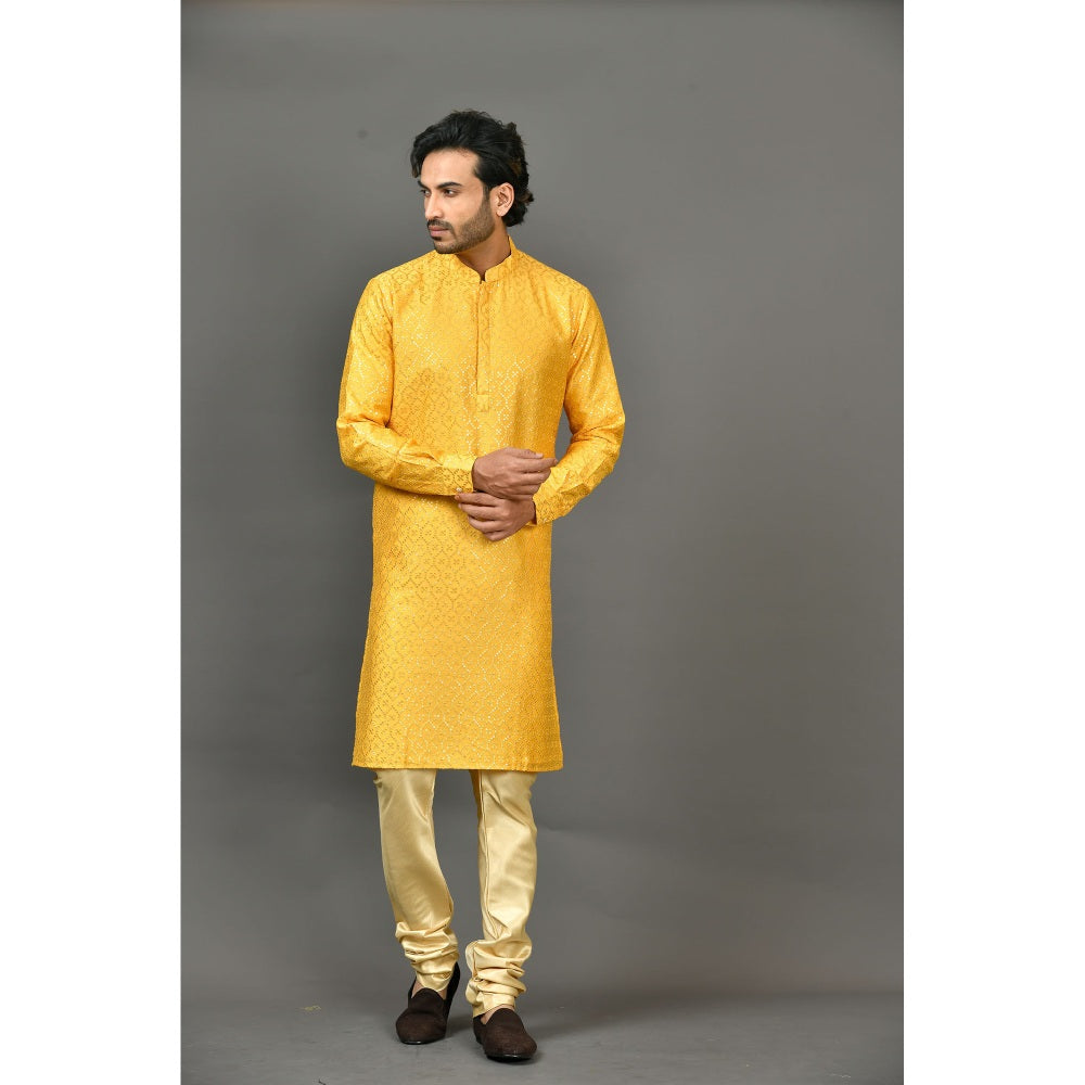 Simaaya Premium Quality Silk Made Kurta and Churidar for Men- Yellow (Set of 2)