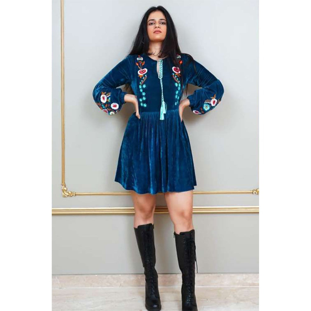 Label Simran Kochher Blue Velveteen Artwork Mini Dress