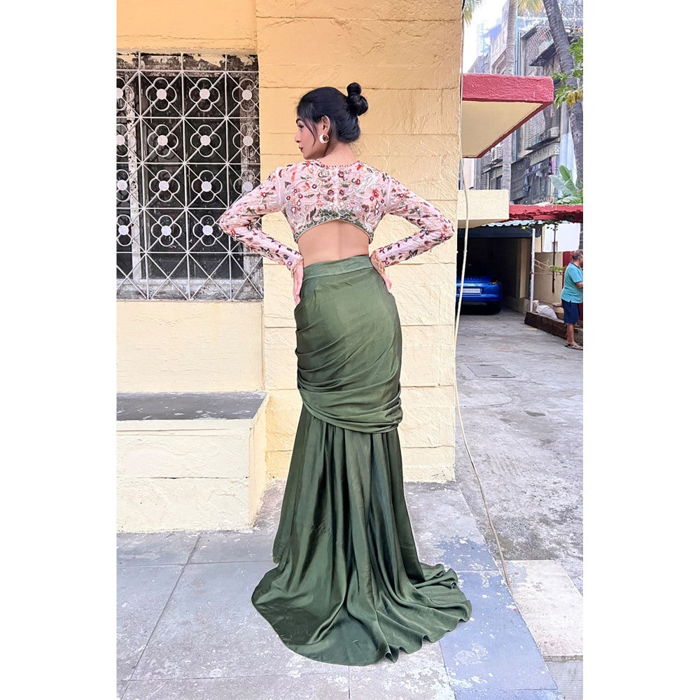 Label Simran Kochher Green Drape Skirt With Crop Top (Set of 2)