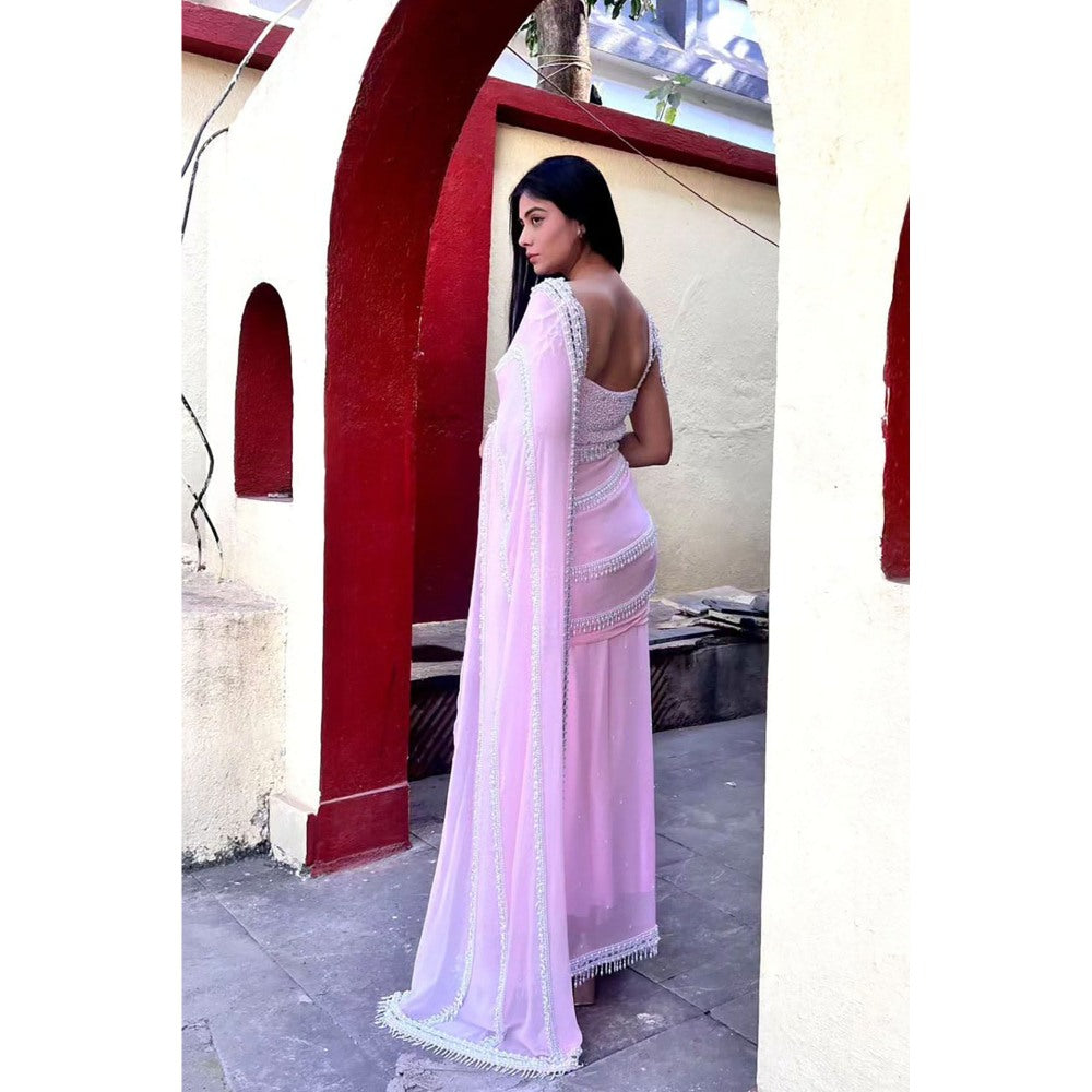 Label Simran Kochher Powder Pink Pre-Draped Saree with Stitched Blouse