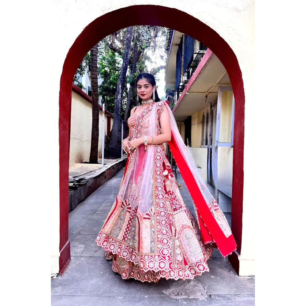 Label Simran Kochher Crimson Red Lehenga with Blouse and Dupatta (Set of 3)
