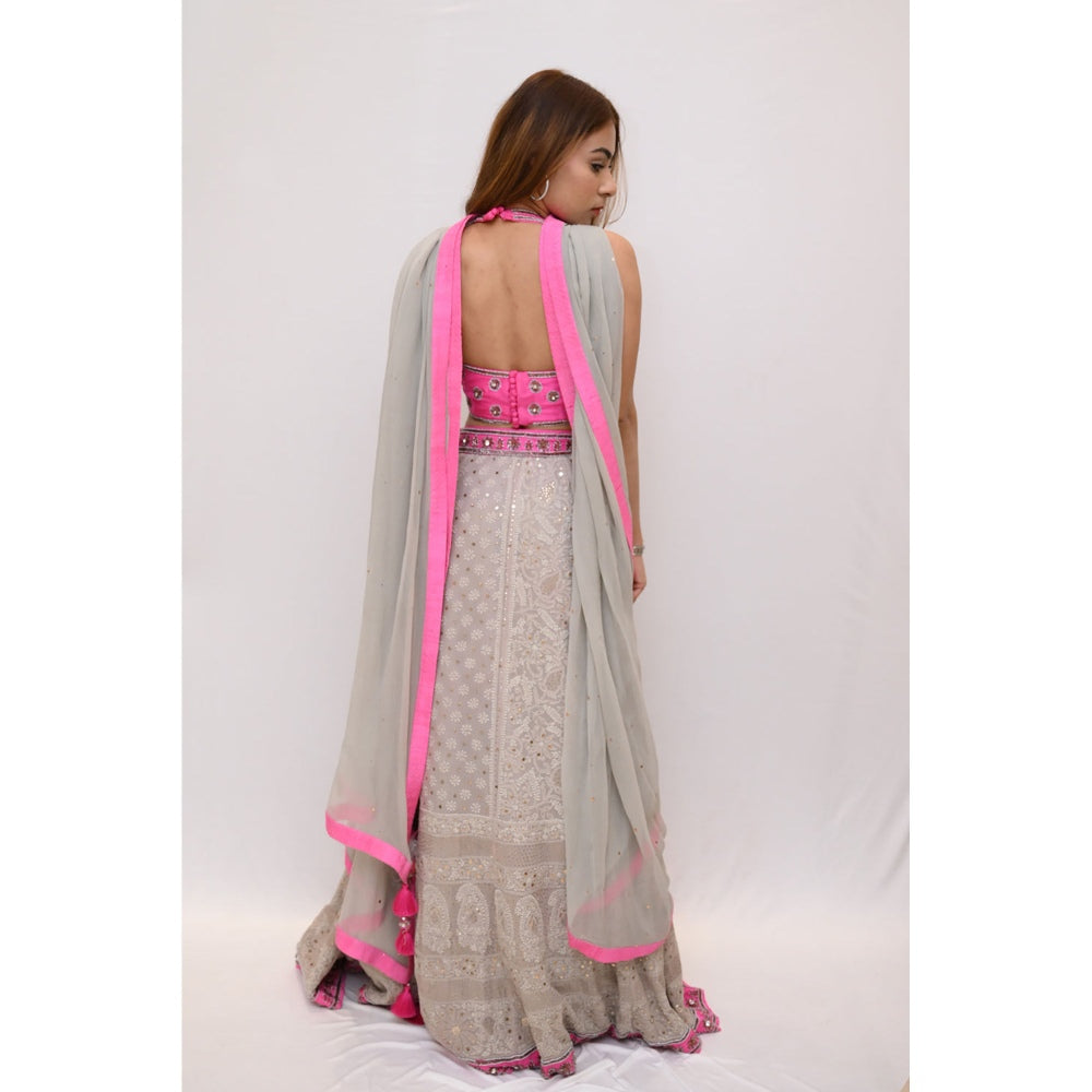 Label Simran Kochher Grey Popin'n In Pink Lehenga with Blouse and Dupatta (Set of 3)